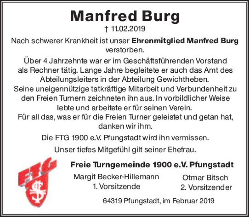  Traueranzeige für Manfred Burg vom 14.02.2019 aus vrm-trauer