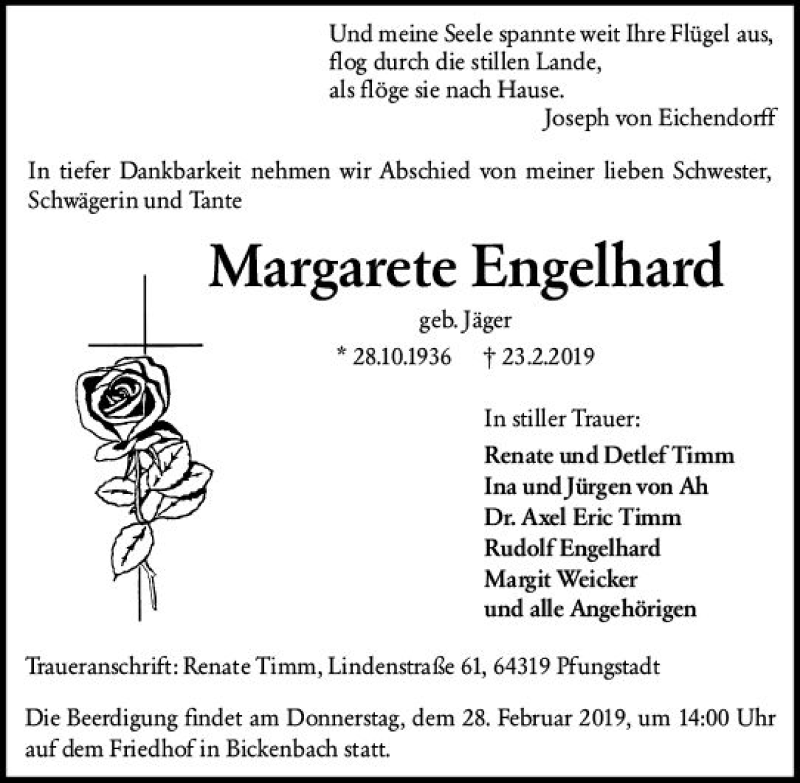 Traueranzeige für Margarete Engelhard vom 26.02.2019 aus vrm-trauer