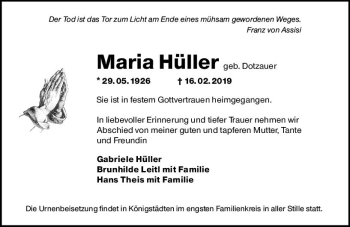 Traueranzeige von Maria Hüller von vrm-trauer