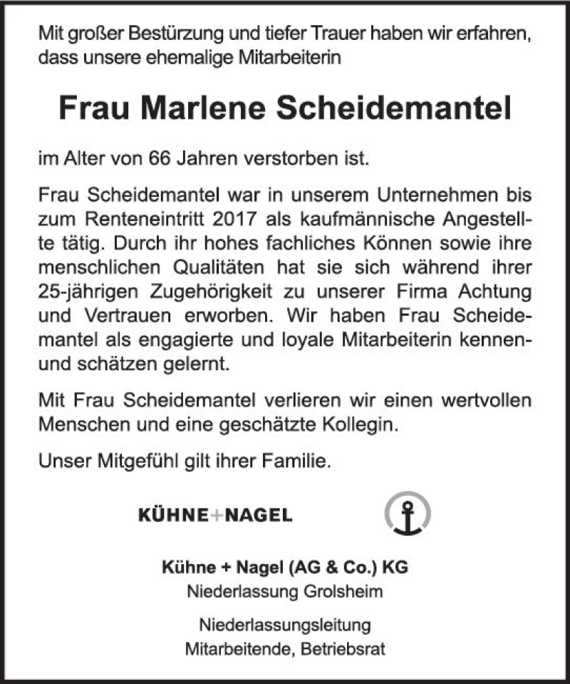  Traueranzeige für Marlene Scheidemantel vom 16.02.2019 aus vrm-trauer