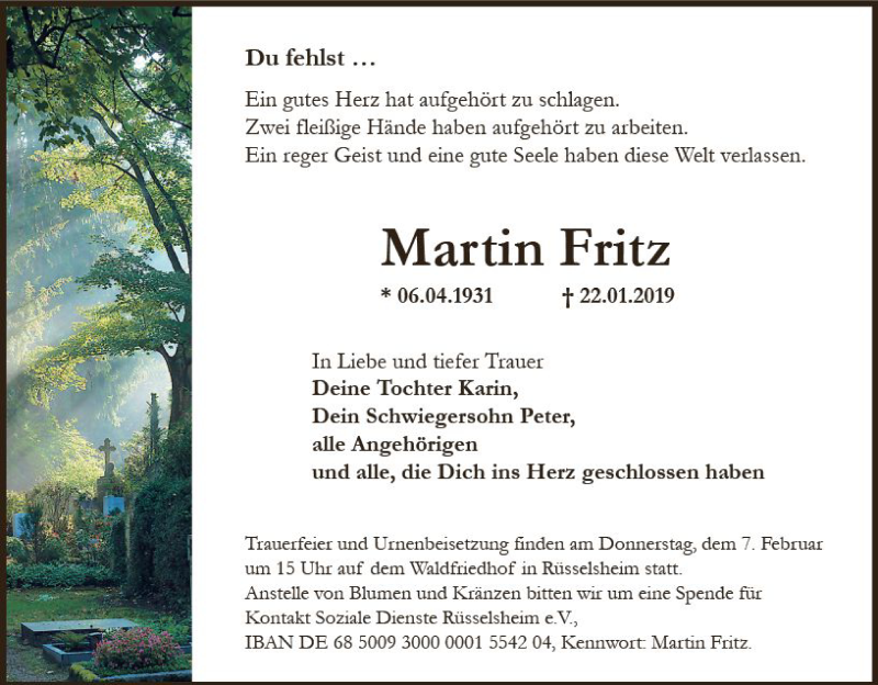  Traueranzeige für Martin Fritz vom 02.02.2019 aus vrm-trauer