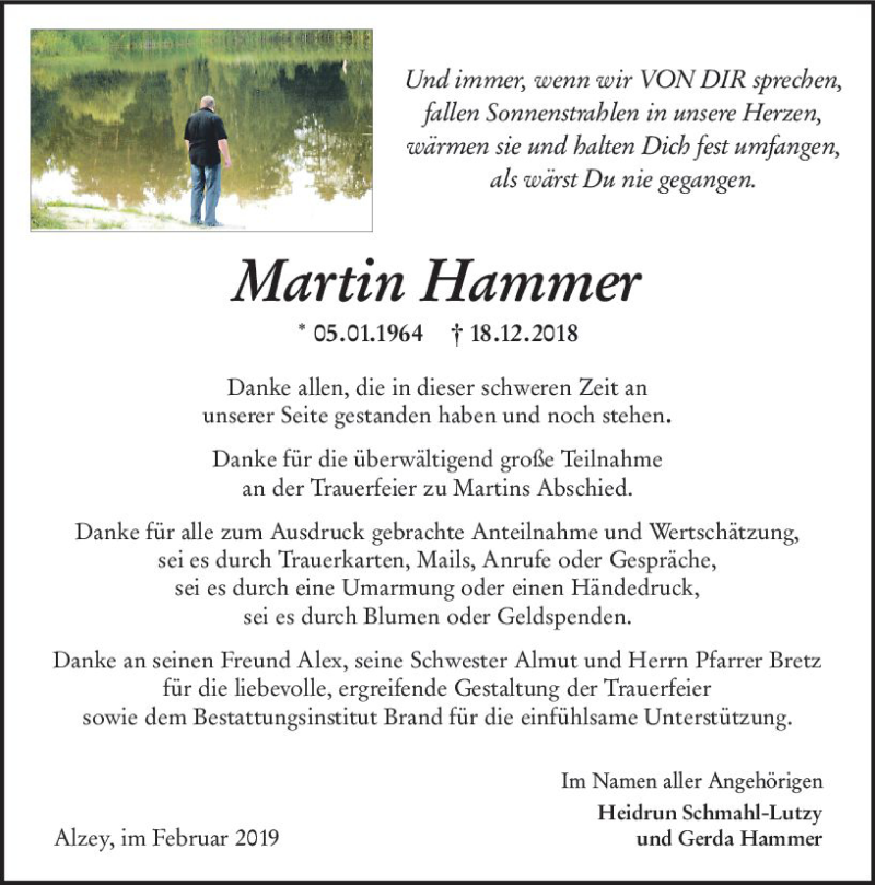  Traueranzeige für Martin Hammer vom 09.02.2019 aus vrm-trauer