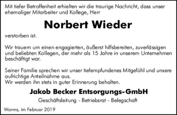 Traueranzeige von Norbert Wieder von vrm-trauer