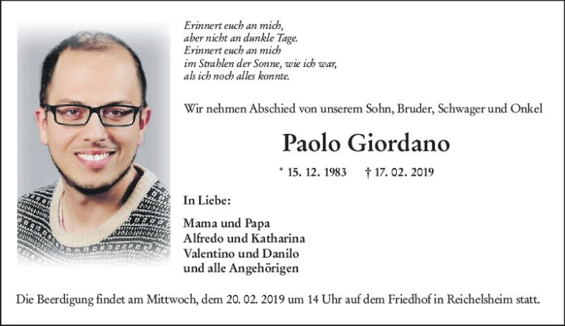  Traueranzeige für Paolo Giordano vom 19.02.2019 aus vrm-trauer