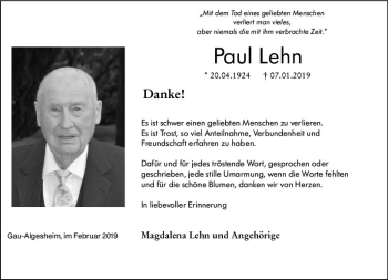 Traueranzeige von Paul Lehn von vrm-trauer