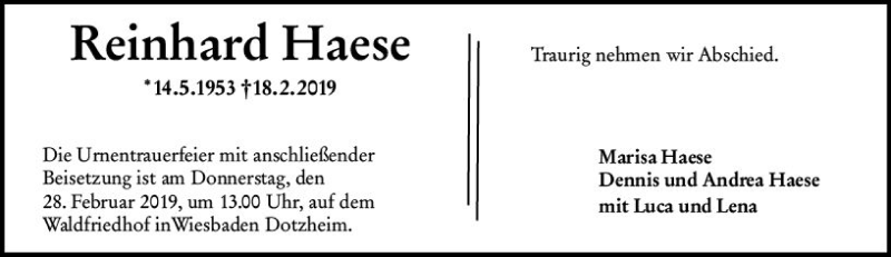  Traueranzeige für Reinhard Haese vom 23.02.2019 aus vrm-trauer