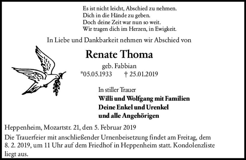  Traueranzeige für Renate Thoma vom 05.02.2019 aus vrm-trauer
