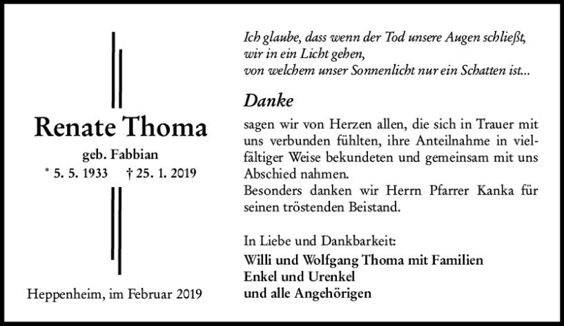  Traueranzeige für Renate Thoma vom 23.02.2019 aus vrm-trauer