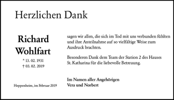 Traueranzeige von Richard Wohlfahrt von vrm-trauer