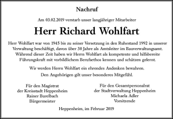 Traueranzeige von Richard Wohlfart von vrm-trauer