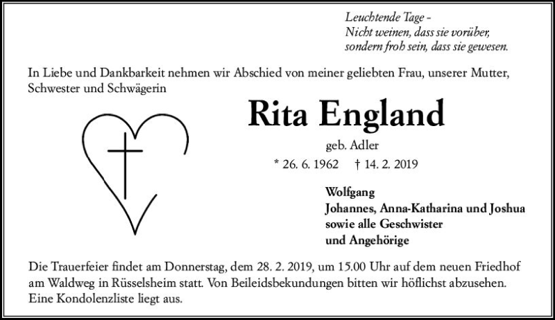  Traueranzeige für Rita England vom 23.02.2019 aus vrm-trauer