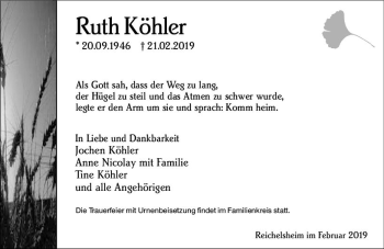 Traueranzeige von Ruth Köhler von vrm-trauer