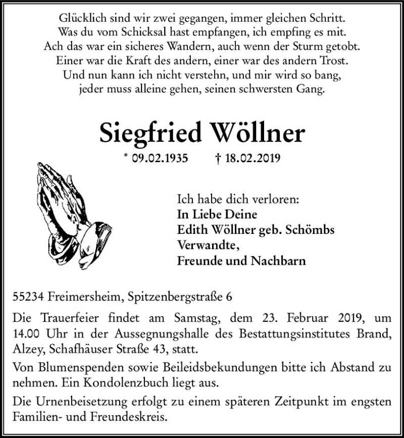  Traueranzeige für Siegfried Wöllner vom 20.02.2019 aus vrm-trauer