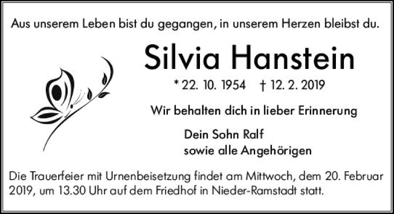  Traueranzeige für Silvia Hanstein vom 16.02.2019 aus vrm-trauer