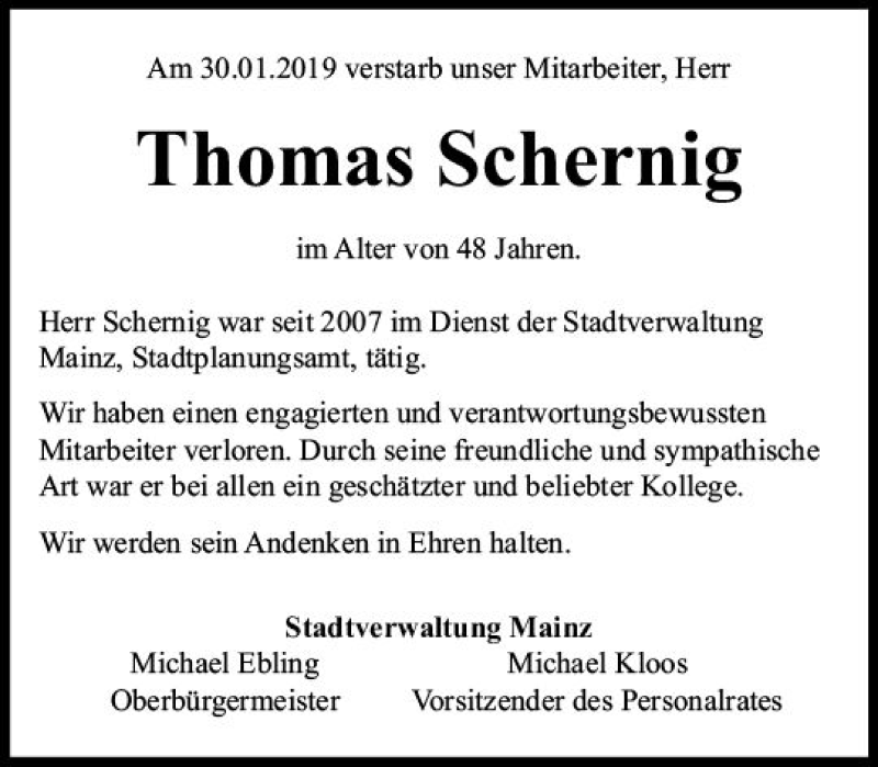  Traueranzeige für Thomas Schernig vom 02.02.2019 aus vrm-trauer