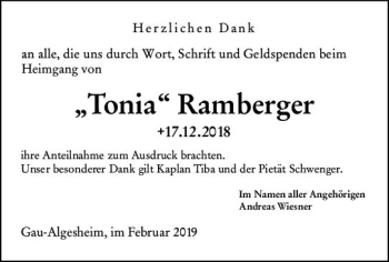 Traueranzeige von Tonia Ramberger von vrm-trauer