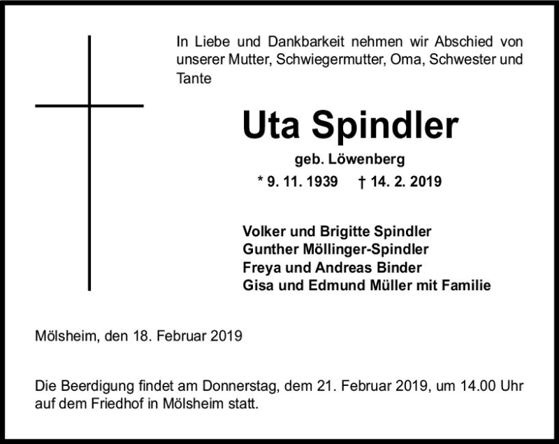  Traueranzeige für Uta Spindler vom 18.02.2019 aus vrm-trauer