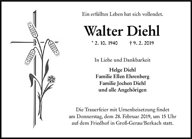  Traueranzeige für Walter Diehl vom 23.02.2019 aus vrm-trauer