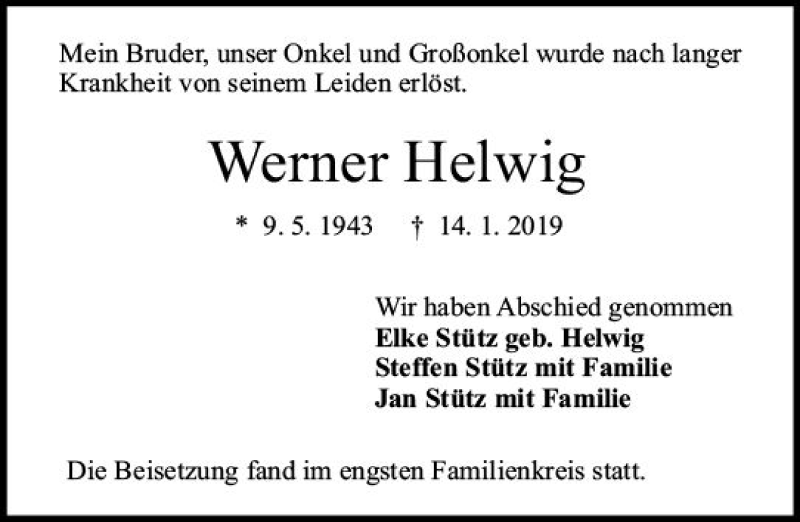  Traueranzeige für Werner Helwig vom 09.02.2019 aus vrm-trauer