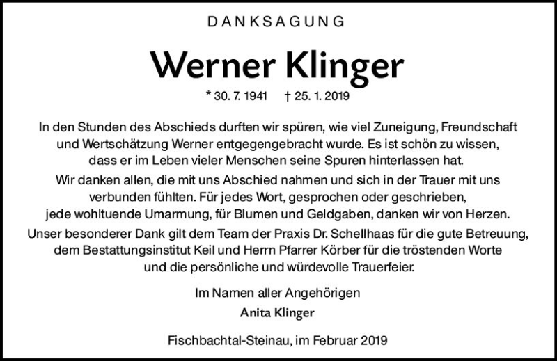  Traueranzeige für Werner Klinger vom 16.02.2019 aus vrm-trauer