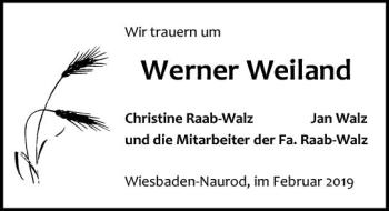 Traueranzeige von Werner Weiland von vrm-trauer