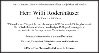 Traueranzeige von Willi Rodenhäuser von vrm-trauer