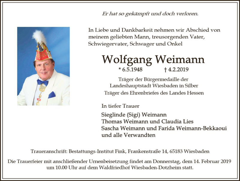  Traueranzeige für Wolfgang Weimann vom 09.02.2019 aus vrm-trauer