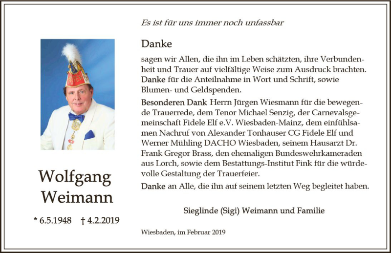  Traueranzeige für Wolfgang Weimann vom 23.02.2019 aus vrm-trauer