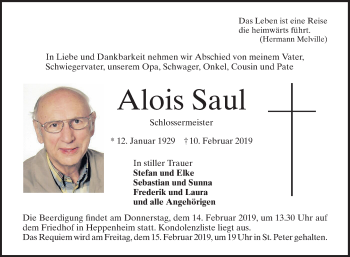 Traueranzeige von Alois Saul von Bergsträßer Anzeiger 