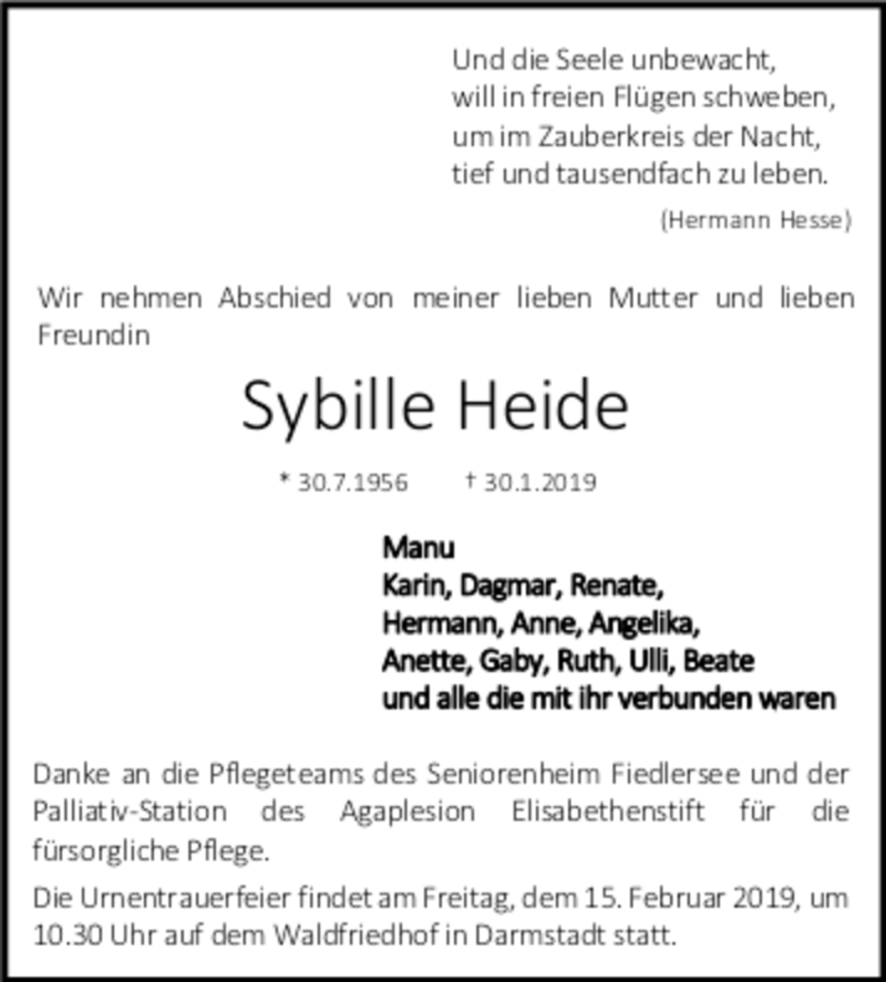  Traueranzeige für Sybille Heide vom 11.01.2019 aus vrm-trauer