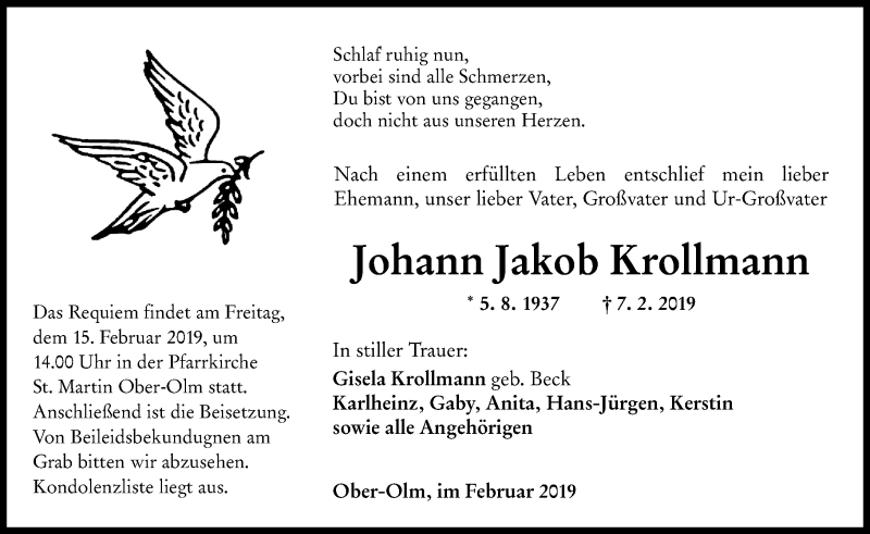  Traueranzeige für Johann Jakob Krollmann vom 13.02.2019 aus VRM Tageszeitungen