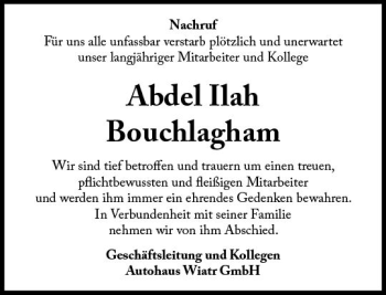 Traueranzeige von Abdel Ilah Bouchlagham von vrm-trauer