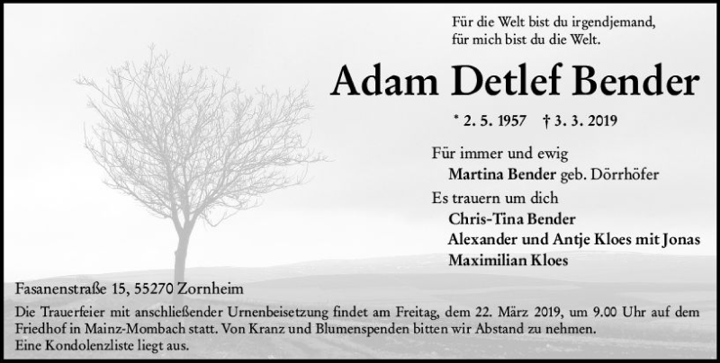  Traueranzeige für Adam Detlef Bender vom 16.03.2019 aus vrm-trauer