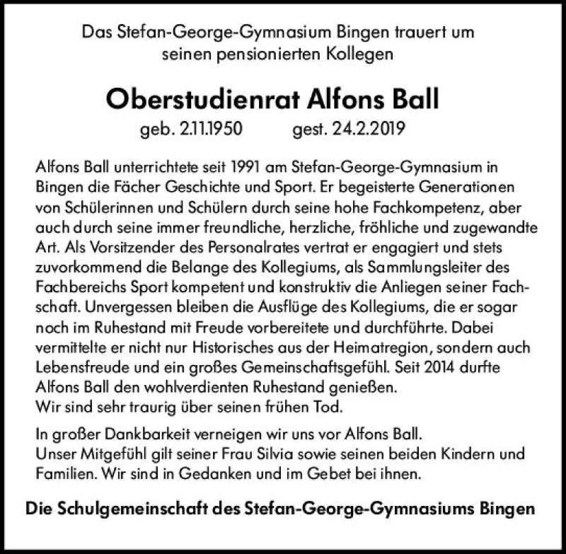  Traueranzeige für Alfons Ball vom 09.03.2019 aus vrm-trauer