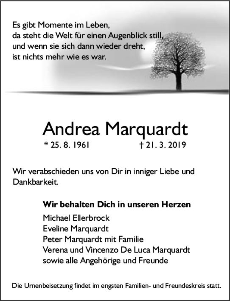  Traueranzeige für Andrea Marquardt vom 30.03.2019 aus vrm-trauer