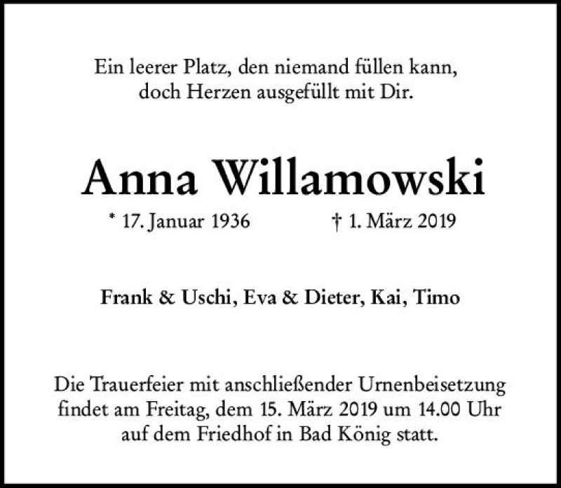  Traueranzeige für Anna Willamowski vom 13.03.2019 aus vrm-trauer