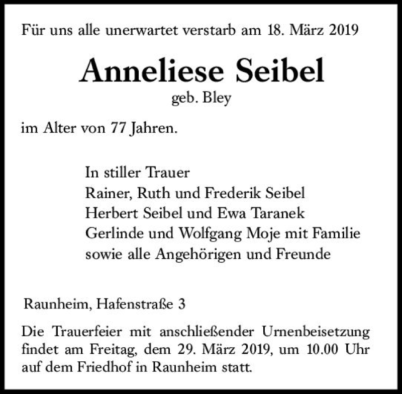  Traueranzeige für Anneliese Seibel vom 23.03.2019 aus vrm-trauer