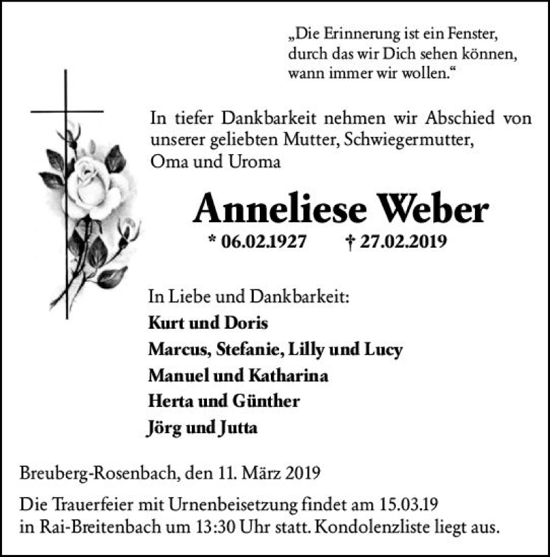  Traueranzeige für Anneliese Weber vom 11.03.2019 aus vrm-trauer