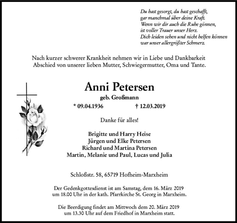  Traueranzeige für Anni Petersen vom 15.03.2019 aus vrm-trauer
