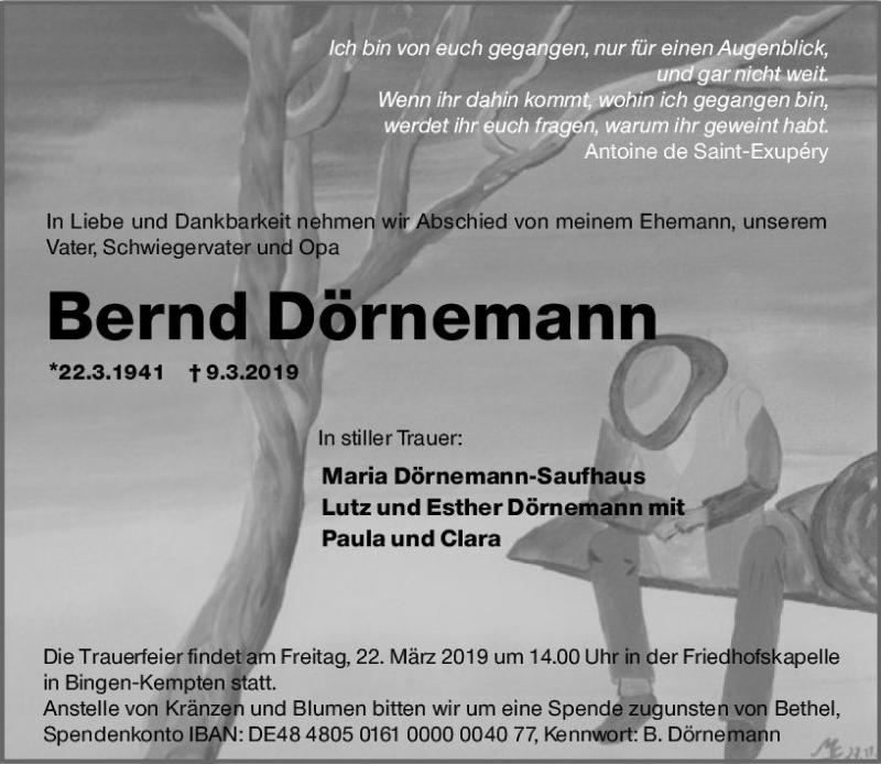  Traueranzeige für Bernd Dörneman vom 13.03.2019 aus vrm-trauer