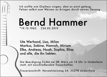 Traueranzeige von Bernd Hammer von vrm-trauer