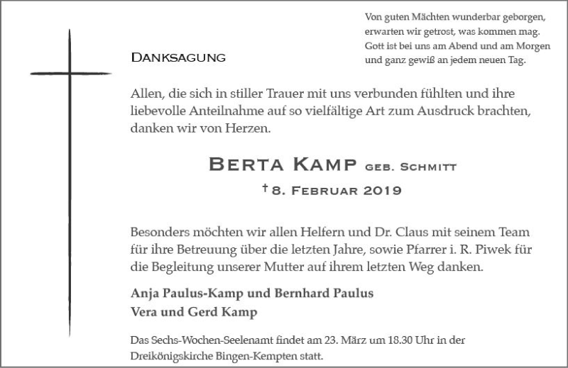  Traueranzeige für Berta Kamp vom 16.03.2019 aus vrm-trauer