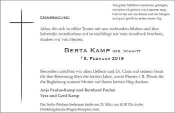 Traueranzeige von Berta Kamp von vrm-trauer