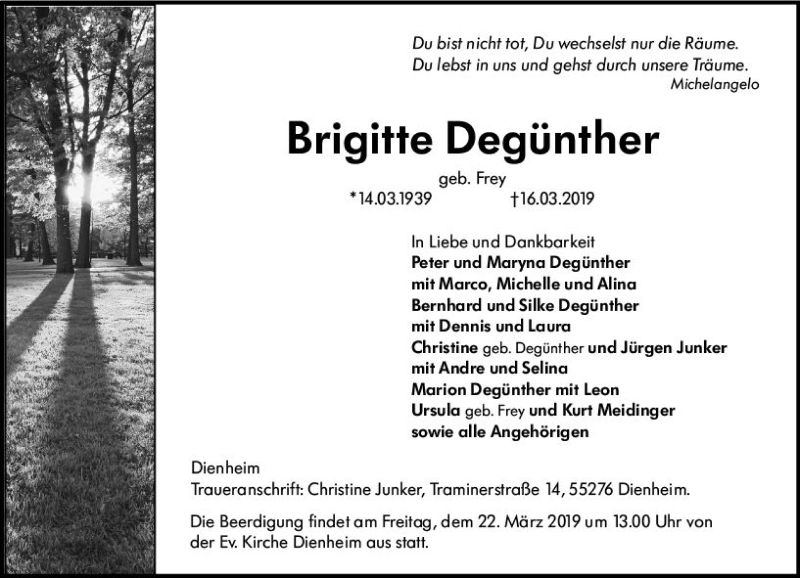  Traueranzeige für Brigitte Degünther vom 20.03.2019 aus vrm-trauer