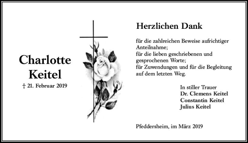  Traueranzeige für Charlotte Keitel vom 30.03.2019 aus vrm-trauer