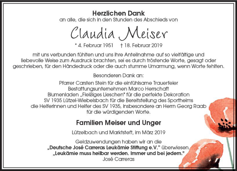  Traueranzeige für Claudia Meiser vom 16.03.2019 aus vrm-trauer