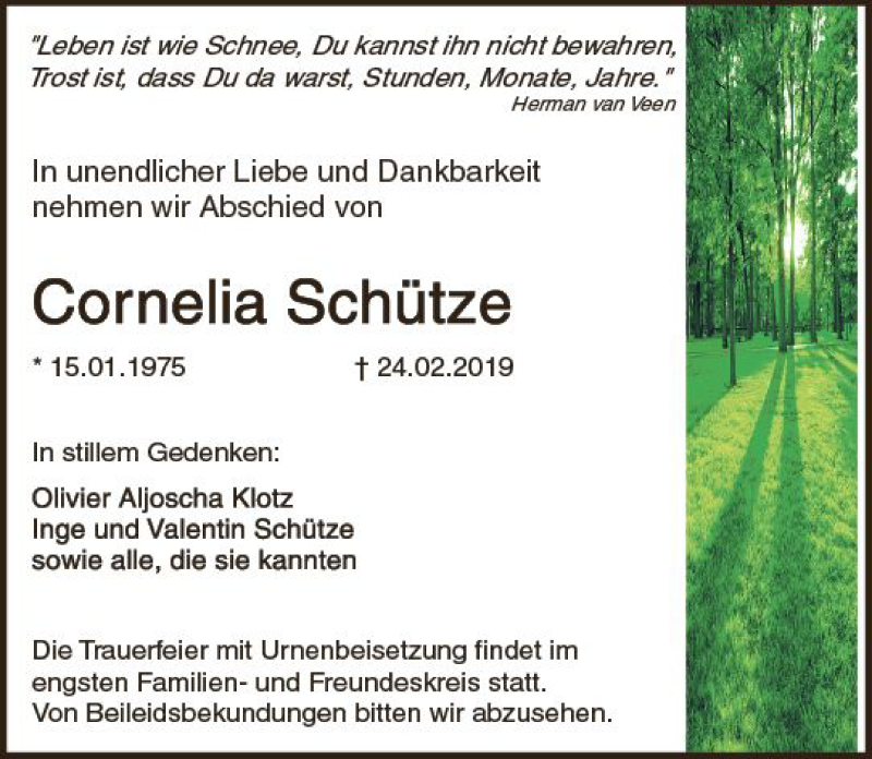  Traueranzeige für Cornelia Schütze vom 02.03.2019 aus vrm-trauer
