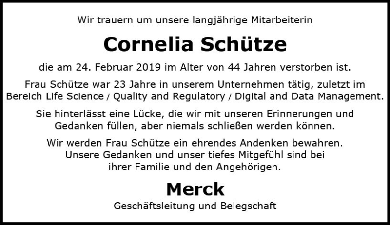  Traueranzeige für Cornelia Schütze vom 20.03.2019 aus vrm-trauer