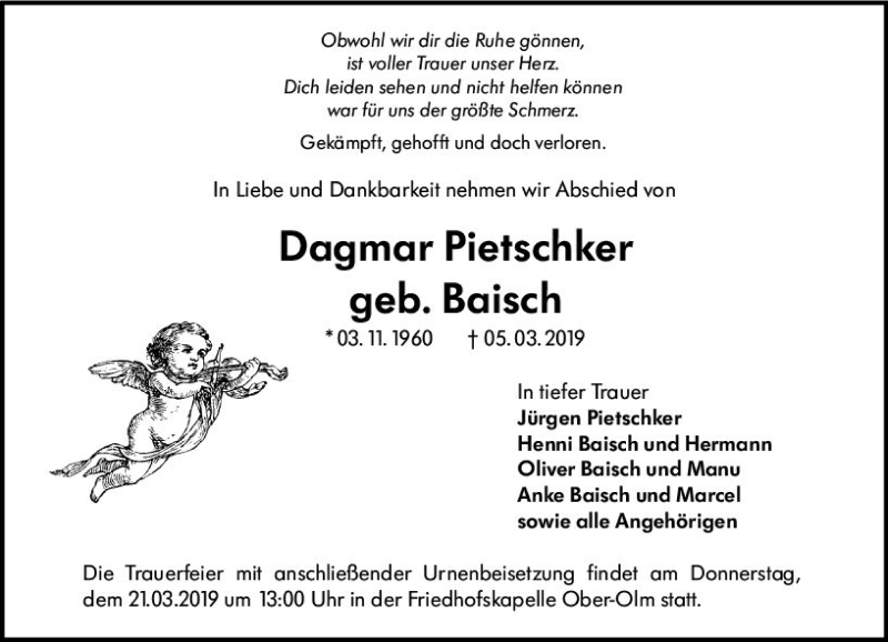  Traueranzeige für Dagmar Pietschker vom 16.03.2019 aus vrm-trauer