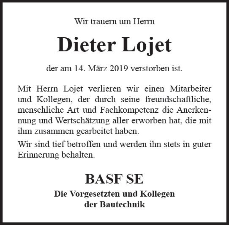  Traueranzeige für Dieter Lojet vom 23.03.2019 aus vrm-trauer